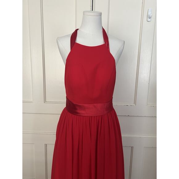 Azazie Halter Chiffon Maxi Bridesmaid Dress Womens Size A4 Red Classic Colorful - Picture 2 of 10